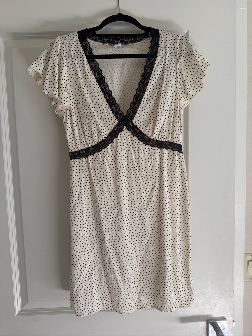 Old Navy Cream Polka Dot Midi Dress with Black Lace Trim